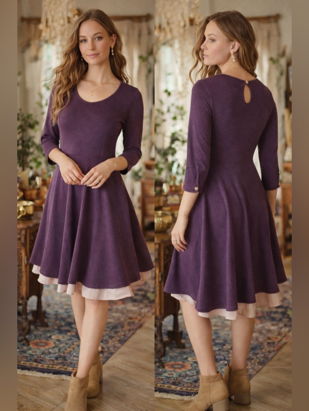 Matilda Jane Purple A-Line Knit Dress Keyhole Back 3/4 Sleeve Size Medium